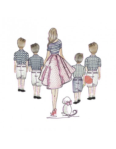 machine embroidery design  rippled mother with her 4 sons