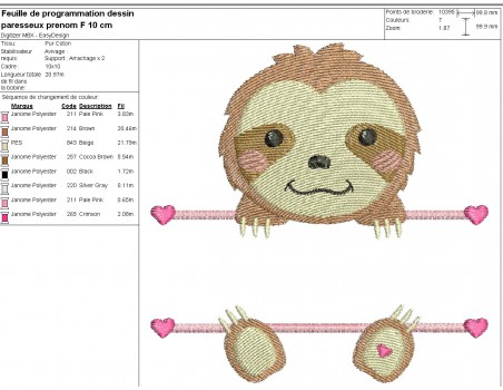 machine embroidery  design sloth to customize for girl