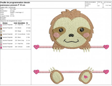 machine embroidery  design sloth to customize for girl