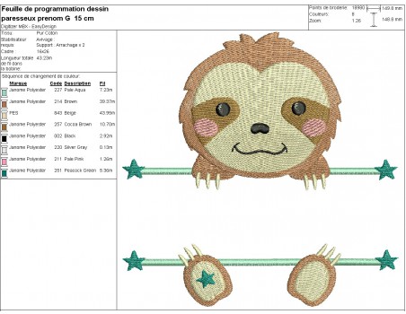 machine embroidery  design sloth to customize for boy