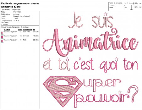 Motif de broderie animatrice super pouvoir