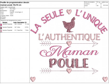 Motif de broderie machine maman poule personnalisable