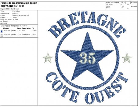 Motif de broderie  machine  étoile département 35 Bretagne