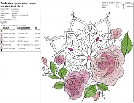 Motif de broderie machine mandala fleuri