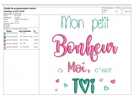 Motif de broderie  machine texte petit bonheur