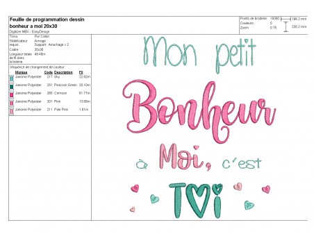 Motif de broderie  machine texte petit bonheur