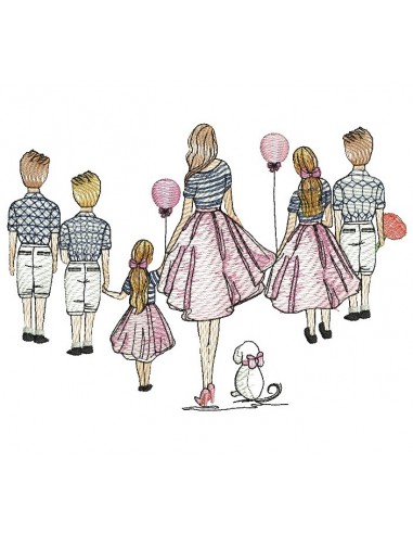 machine embroidery design  rippled mother with her 2 daughters and her 3 sons