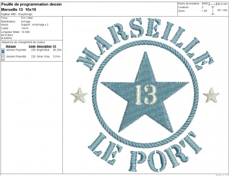Motif de broderie  machine  étoile département 13 Marseille