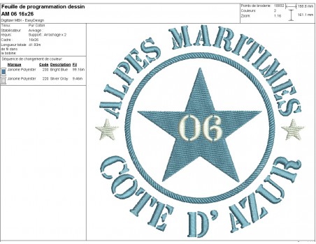 Motif de broderie  machine  étoile département 06 Alpes Maritimes