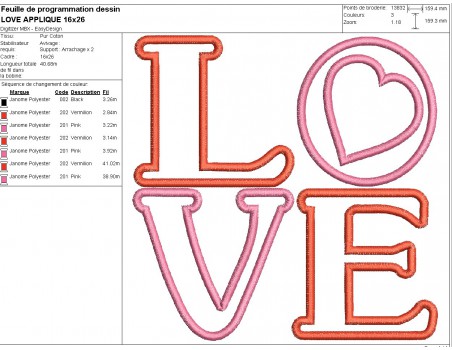 Motif de broderie machine  mot love appliqué