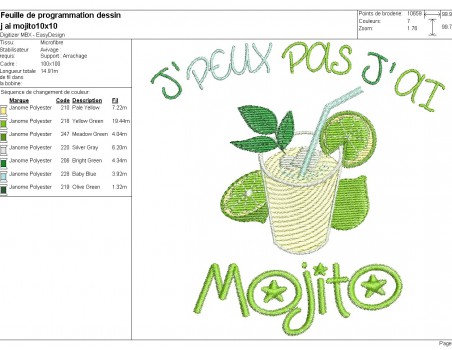 Motif de broderie machine  j'peux pas j'ai mojito