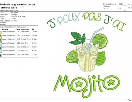 Motif de broderie machine  j'peux pas j'ai mojito