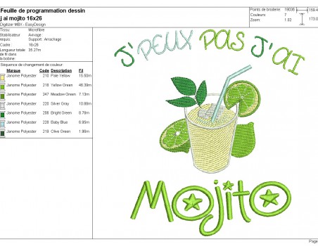 Motif de broderie machine  j'peux pas j'ai mojito