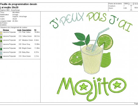 Motif de broderie machine  j'peux pas j'ai mojito