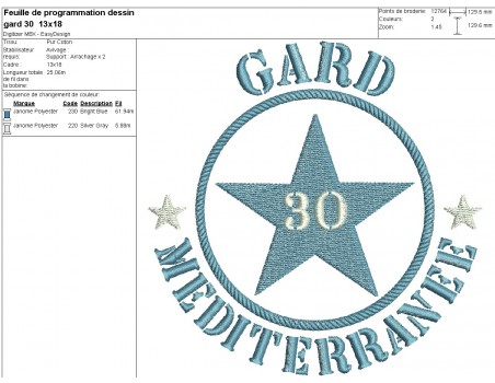 Motif de broderie  machine  étoile département 30 Gard