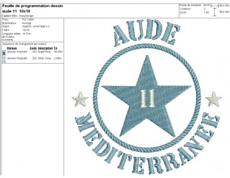 Motif de broderie  machine  étoile département 11 l' Aude