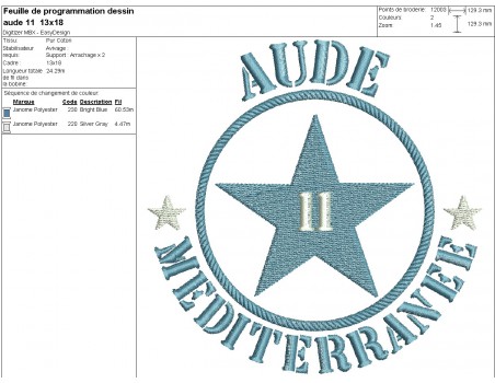 Motif de broderie  machine  étoile département 11 l' Aude