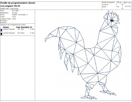 Motif de broderie machine coq origami