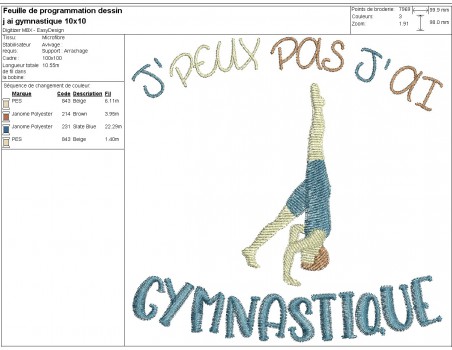 Motif de broderie machine  j'peux pas j'ai gymnastique