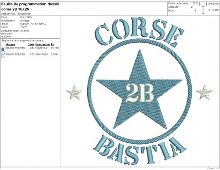 Motif de broderie  machine  étoile département 2B Corse