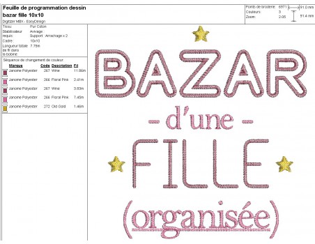 Motif de broderie machine texte bazar d'une fille