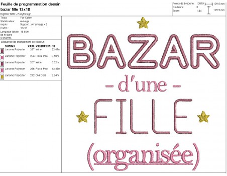 Motif de broderie machine texte bazar d'une fille