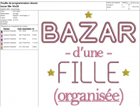 Motif de broderie machine texte bazar d'une fille