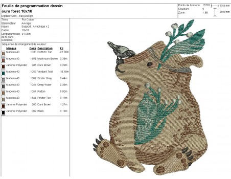 Motif de broderie machine ours forêt