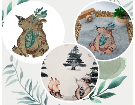 Motif de broderie machine ours forêt