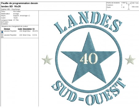 Motif de broderie  machine  étoile département 40 Landes Sud Ouest