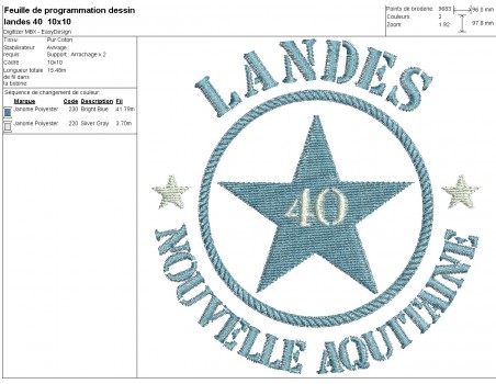 Motif de broderie  machine  étoile département 40 Landes Nouvelle Aquitaine
