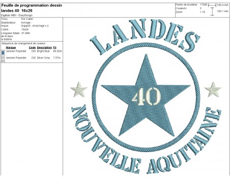 Motif de broderie  machine  étoile département 40 Landes Nouvelle Aquitaine