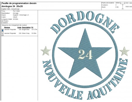 Motif de broderie  machine  étoile département 24 Dordogne