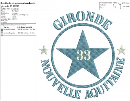 Motif de broderie  machine  étoile département 33 Gironde