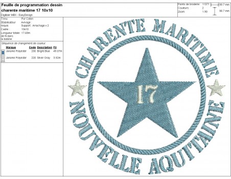 Motif de broderie  machine  étoile département 17 Charente Maritime