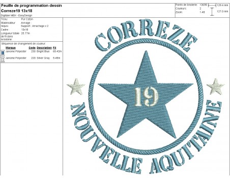 Motif de broderie  machine  étoile département 19 Corrèze