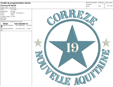 Motif de broderie  machine  étoile département 19 Corrèze