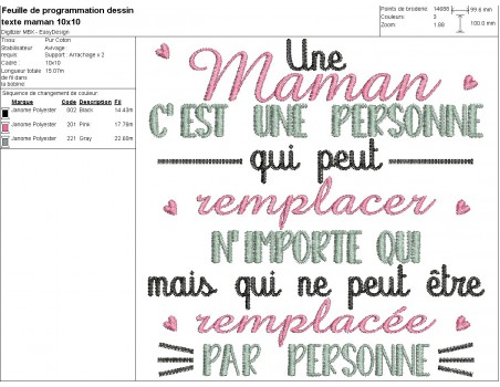 Motif de broderie machine  texte maman