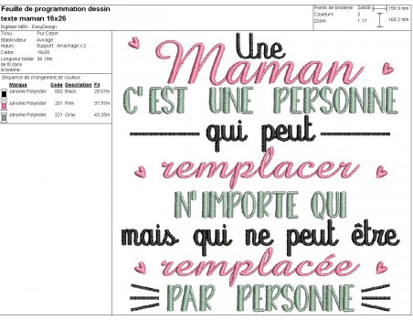 Motif de broderie machine  texte maman