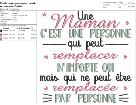 Motif de broderie machine  texte maman