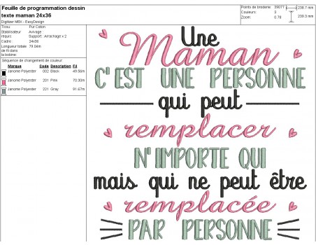 Motif de broderie machine  texte maman