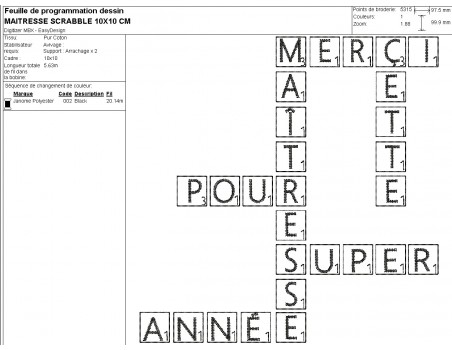 Motif de broderie machine texte   maîtresse façon scrabble