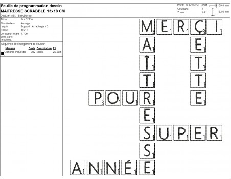 Motif de broderie machine texte   maîtresse façon scrabble