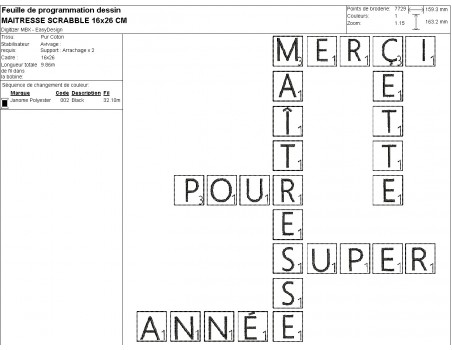 Motif de broderie machine texte   maîtresse façon scrabble