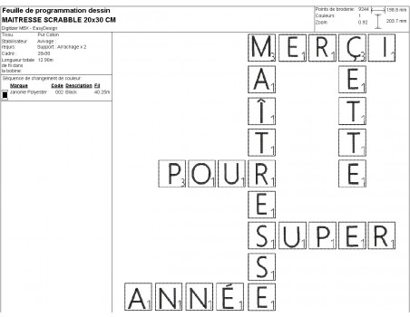 Motif de broderie machine texte   maîtresse façon scrabble