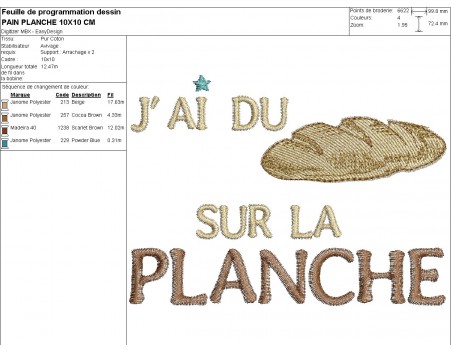 Motif de broderie machine texte j'ai du pain sur la planche