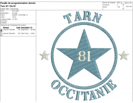 Motif de broderie  machine  étoile département 81 Tarn