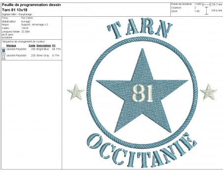 Motif de broderie  machine  étoile département 81 Tarn