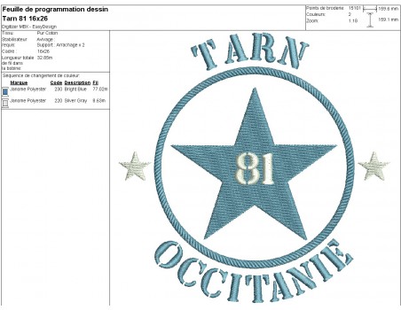 Motif de broderie  machine  étoile département 81 Tarn