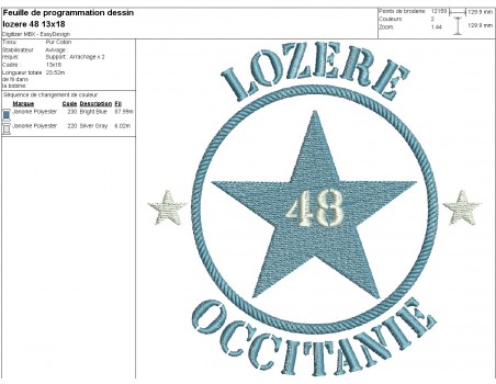 Motif de broderie  machine  étoile département 48 Lozère